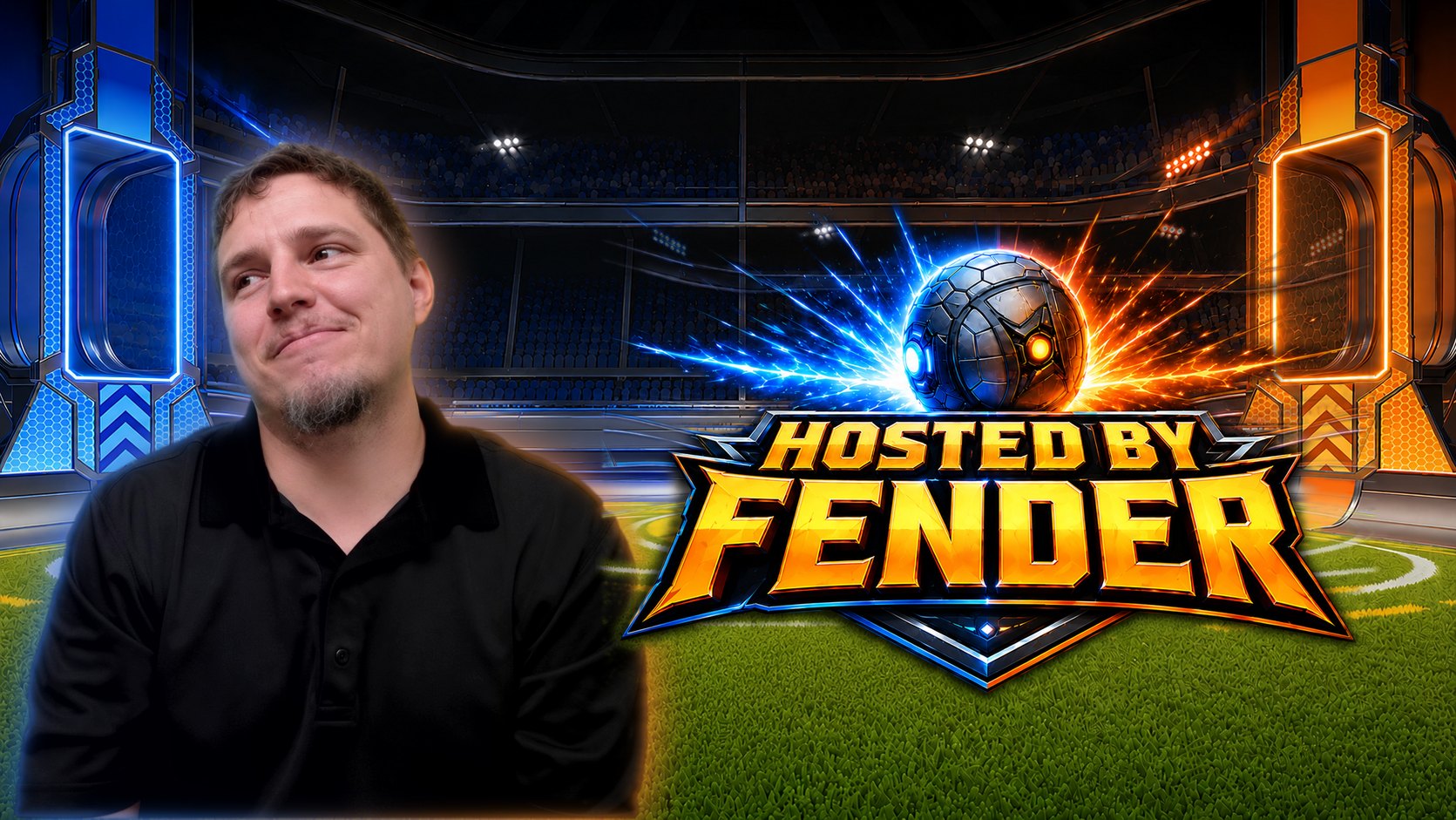 Fender, host of the RLSS Showdown Series, next to the Hosted by Fender logo in a blue and orange arena