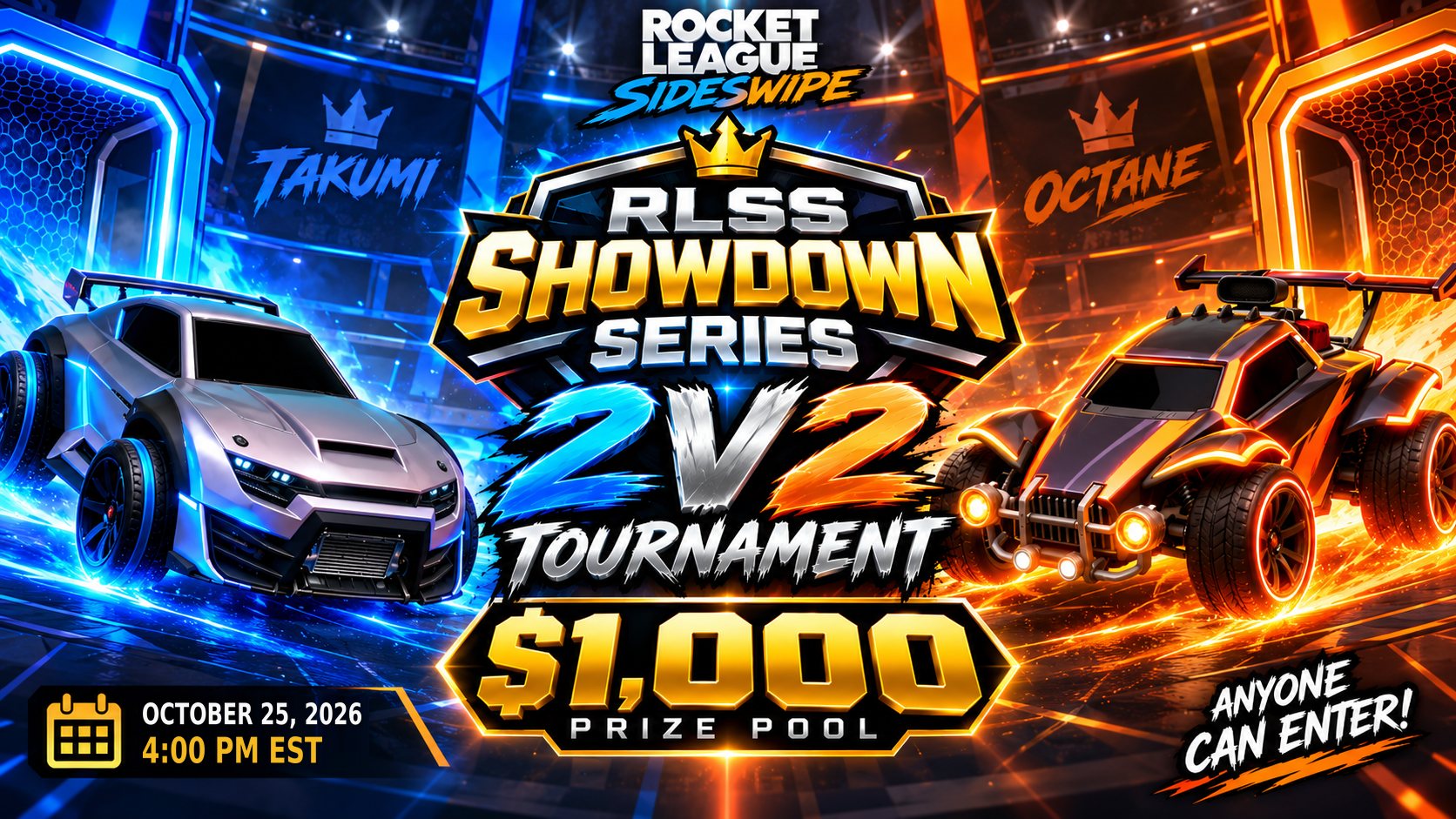 RLSS Showdown Series 2v2 tournament poster: $1,000 prize pool, October 25, 2026 at 4:00 PM Eastern